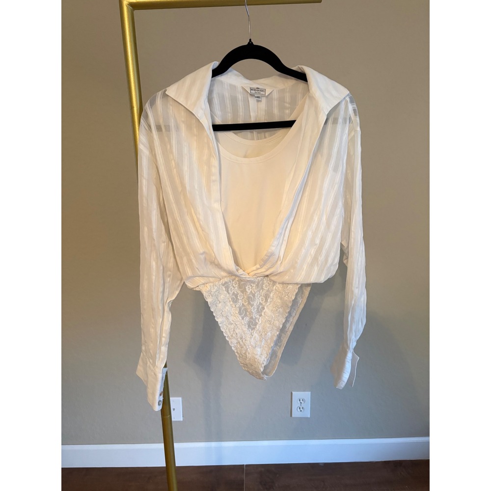 Vintage Henri Bendel New York Striped Bodysuit Lace Bottom L Dainty Feminine